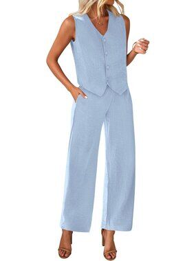 Women's Sky Blue Polyester Two Piece Button V Neck Wide Leg Pants Suit Blazer